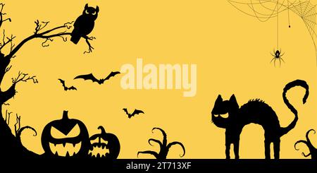 EPS 10 illustrazione vettoriale con gatto spettrale con zucche, albero morto e gufo, altri elementi illustrati spaventosi per i layout di sfondo di Halloween Illustrazione Vettoriale