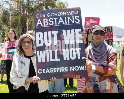 Australia, Canberra, 13 novembre 2023. Centinaia di manifestanti provenienti da tutta l'Australia si riuniscono davanti al Parlamento per chiedere che il governo australiano sostenga un cessate il fuoco a Gaza e sollevi la sua voce contro la guerra genocida di Israele contro i palestinesi. Crediti: Leo Bild/Alamy Live News Foto Stock