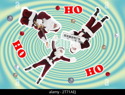 Opere d'arte luminose per le vacanze invernali. Babbo Natale, musica su sfondo a colori, collage creativo Foto Stock