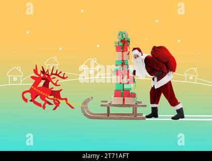 Opere d'arte luminose per le vacanze invernali. Babbo Natale con renne che regala regali su sfondo colorato, collage creativo Foto Stock