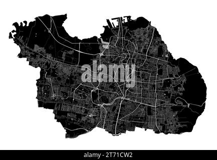 Mappa di Surabaya. Mappa nera dettagliata dell'area amministrativa della città di Surabaya. Vista sull'aria metropolitana con poster del paesaggio urbano. Terra nera con strade bianche e avenue Illustrazione Vettoriale