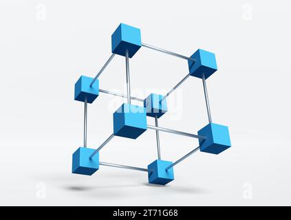 Cubi 3D collegati a barre metalliche isolate su sfondo bianco. Modello di sfondo per tecnologia, industria e costruzione. Rendering 3D. Foto Stock