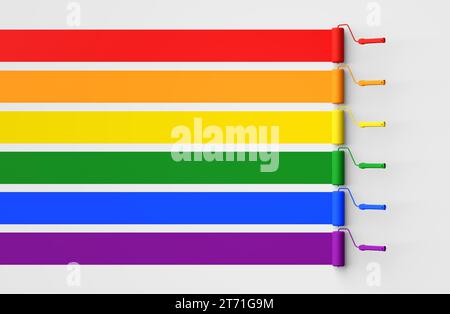 Pennelli a rullo per dipingere i colori della bandiera arcobaleno su una parete bianca. Diritti LGBTIQ e simbolo di orgoglio. rendering 3d. Foto Stock