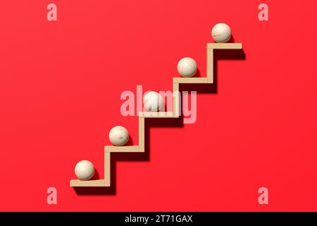 Scala di concetti di successo e avanzamento di carriera. Sfere di legno sulla scala di blocchi di legno. Rendering 3D. Foto Stock