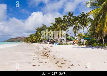 Praslin, Seychelles - 14 agosto 2023: La gente si rilassa sulla spiaggia con palme da cocco e sabbia bianca sotto il cielo blu in una soleggiata giornata estiva Foto Stock