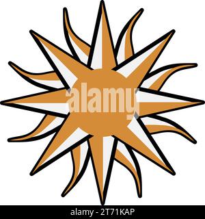 Lussuosi raggi di sole caldo e luminoso in stile boho nei colori nero e oro. Pittogramma mistico religioso. Segno vettoriale sacro segreto isolato su ba bianca Illustrazione Vettoriale