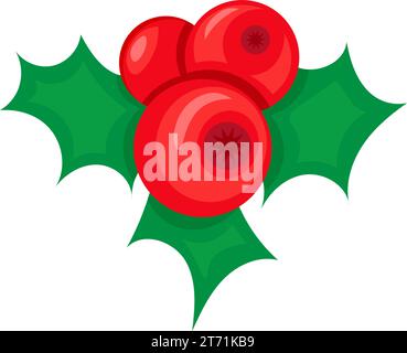 Bacche di Christmas holly. Frutti rossi di natale con foglie d'India in stile cartone animato. Icona vettoriale di Capodanno festivo isolata su sfondo bianco per Illustrazione Vettoriale