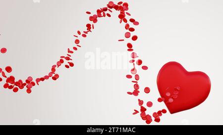 Forma di cuore rosso isolato ed eritrociti, o globuli rossi, resi in 3D.. Foto Stock