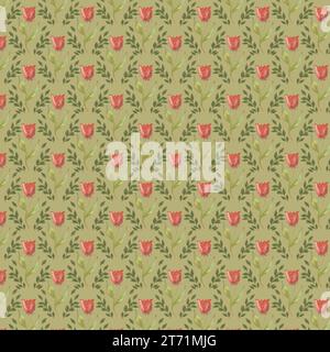 Disegno di tulipani su uno sfondo verde-giallo kaki. Motivo floreale senza cuciture: Tulipani rossi su sfondo kaki verde-giallo, cornice con elementi floreali Foto Stock