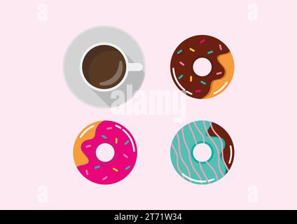 Collezione di ciambelle con smalto multicolore. Illustrazione vettoriale delle ciambelle dolci. Cucina tradizionale americana Illustrazione Vettoriale
