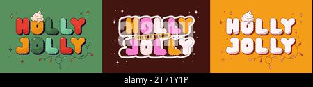 Set di poster natalizi con testo Holly Jolly. Sfondo tricolore. Illustrazione Vettoriale