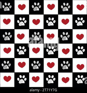 Motivo natalizio a quadri con stampa di zampe e cuori in tessuto senza cuciture Illustrazione Vettoriale