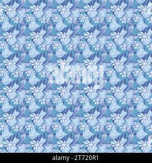 Motivo di tulipani e margherite su sfondo blu. Motivo floreale senza cuciture, tulipani blu, margherite su sfondo blu. Elementi di fiori incorniciati da Foto Stock