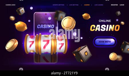 Pagina di destinazione del casinò online. Striscione con slot machine con jackpot, smartphone al neon e monete d'oro volanti su sfondo scuro. Fortuna fortunata, slot game con icone dei premi. Modello di sito Web di gioco. Illustrazione Vettoriale