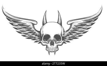 Tatuaggio del teschio demone vampiro con ali isolate su bianco. Illustrazione vettoriale. Illustrazione Vettoriale