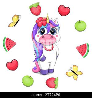 Carino unicorno cartoni animati in cornice di frutta. Illustrazione vettoriale di un animale con mele, anguria, cuori, farfalle, fragole su sfondo bianco Illustrazione Vettoriale