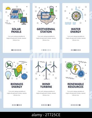 Modello per schermate di inserimento grafica lineare del sito Web vettoriale. Fonti energetiche rinnovabili e centrali elettriche. Banner di menu per lo sviluppo di siti Web e app mobili Illustrazione Vettoriale