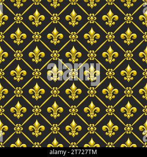 Vector Fleur de Lis senza cuciture Pattern, sfondo quadrato con ripetizione con illustrazioni del motivo reticolo e fleur de lis francese giallo nelle celle rombo o Illustrazione Vettoriale