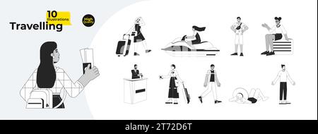 Pacchetto illustrativo piatto per turisti multiculturali in bianco e nero Illustrazione Vettoriale
