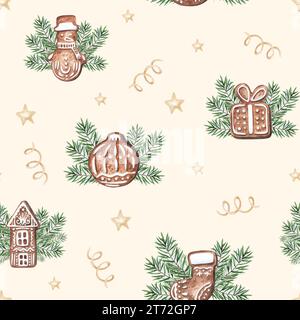 Acquerello natale invernale motivo senza cuciture con biscotti allo zenzero rami di abete cannella Holly Jolly isolato su sfondo bianco. Vacanze natalizie di Capodanno Foto Stock