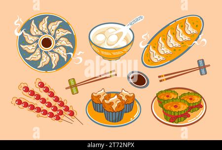 Cucina asiatica tradizionale per il capodanno cinese. Nian Gao, torta di riso. Fa Gao. Southern Rice Balls Ningbo. Palle da zuppa. Mucche candite. Jiaozi. gnocchi. taglia Illustrazione Vettoriale