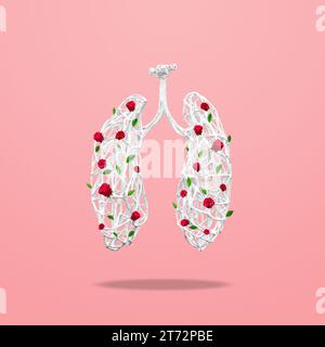 Concetto medico fatto di rami di legno bianco a forma di polmoni umani con fiori su sfondo rosa. Infiammazione dei polmoni, epidemia virale. Foto Stock