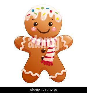 Illustrazione vettoriale del dolce pan di zenzero natalizio con sciarpa. Divertenti biscotti invernali su sfondo bianco Illustrazione Vettoriale