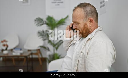 Allegro uomo caucasico di mezza età che fa una vivace chiacchierata sullo smartphone mentre si siede comodamente in sala d'attesa, irradia felicità tutto qui Foto Stock