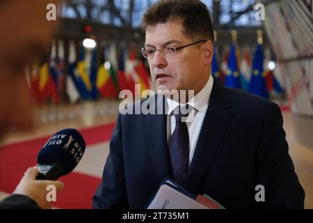 Bruxelles, Belgio. 13 novembre 2023. Janez Lenarcic, Commissario dell'UE, arriva per una riunione dei ministri degli Esteri dell'UE presso l'edificio del Consiglio europeo a Bruxelles, in Belgio, il 13 novembre 2023 crediti: ALEXANDROS MICHAILIDIS/Alamy Live News Foto Stock