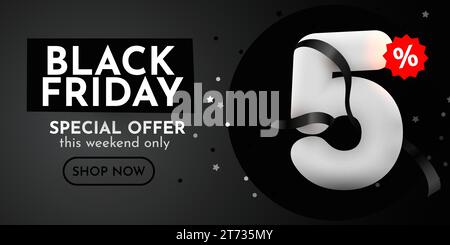 Sconto del 5%. Vendita Black Friday composizione con oggetti decorativi. Banner e poster degli sconti. Illustrazione vettoriale. Illustrazione Vettoriale