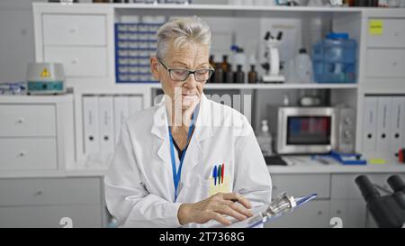 Donna scienziata dai capelli grigi, con camice da laboratorio, che prende appunti intricati nel laboratorio del centro in mezzo alla ricerca scientifica Foto Stock