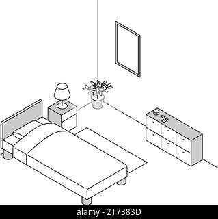 Trovare una stanza in affitto: camera da letto, semplice isometrica con illuminazione letto e comodino, Vector Illustration Illustrazione Vettoriale