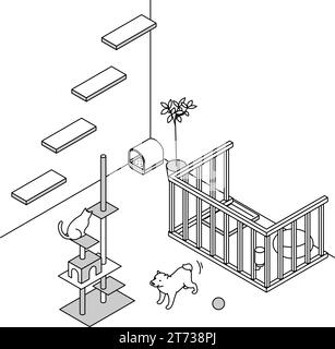 Trovare una camera in affitto: Animali domestici-friendly Property, gatto torre e cerchio di cane semplice isometrico, Vector Illustration Illustrazione Vettoriale