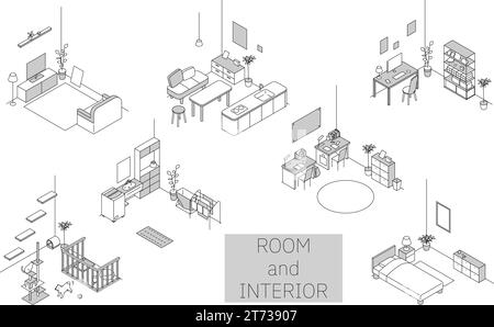 Trovare una stanza in affitto: Varie stanze, illustrazione isometrica semplice, illustrazione vettoriale Illustrazione Vettoriale