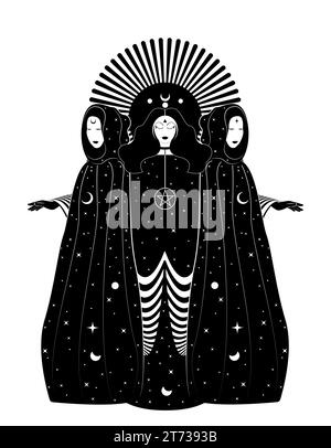 Mistica triplice dea, sacerdotesse in un mantello magico. Bellissime donne fatate con un abito lungo celeste. Gotico wiccan witch design sacro femminile Illustrazione Vettoriale