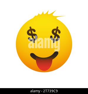 Emoticon sorridente con simboli del dollaro negli occhi - semplice Happy Isolated Emoticon Design su sfondo trasparente Illustrazione Vettoriale