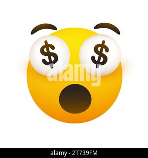 Sono diventato ricco - divertente emoticon sorridente con bocca aperta e segni del dollaro in Pop Out Eyes - semplice emoticon felice su sfondo trasparente Illustrazione Vettoriale