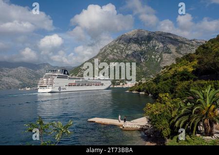 Una nave da crociera che entra nella baia di Cattaro, Montenegro Foto Stock