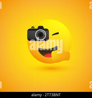 Semplice, brillante e sorridente, fotografo Emoji che scatta foto con una fotocamera digitale e mostra pollice in alto - emoticon su sfondo giallo Illustrazione Vettoriale