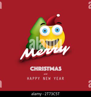 Buon Natale! - Emoji sorridente con il Red Santa Hat e l'albero di Natale - Card con semplice emoticon felice su sfondo rosso - Vector Design Illustrazione Vettoriale