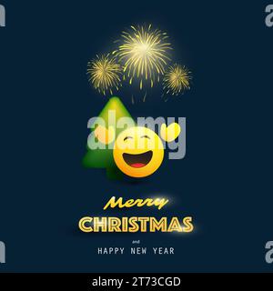 Buon Natale e felice anno nuovo! - Emoji sorridente con albero di Natale e fuochi d'artificio - scheda con semplice emoticon felice brillante su sfondo scuro - VEC Illustrazione Vettoriale