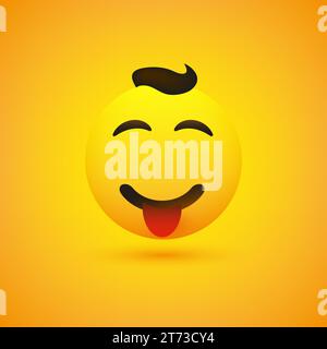 Emoji maschio sorridente con capelli e lingua bloccata - semplice emoticon felice su sfondo giallo - Design vettoriale Illustrazione Vettoriale