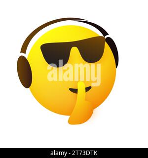 Fate silenzio! - Face with Finger on Mouth listening to Music, gesturing, showing Make Silence Sign - Simple Emoticon for Instant Messaging Isolated on Whi Illustrazione Vettoriale