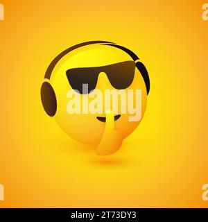 Fate silenzio! - Shushing Face with Sunglasses listening to Music, gesturing, showing Make Silence Sign - Simple Emoticon for Instant Messaging on Yellow B. Illustrazione Vettoriale
