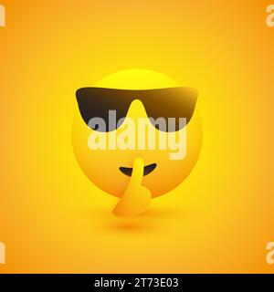 State zitti! - Shushing Emoji con occhiali da sole che gestiscono - chiedere silenzio, mostrare Make Silence Sign - Simple Emoticon for Instant Messaging su YEL Illustrazione Vettoriale