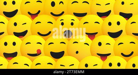 Sfondo di una fitta folla di emoticon gialli con varie espressioni facciali: Molti strizzando, sorridendo, ridendo, esultando felice Emoji positivo Illustrazione Vettoriale