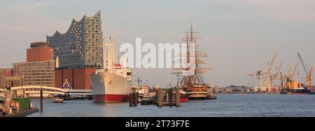 Famosa opera Elbphilharmonie e barche sul fiume Elba. 17 agosto 2018. Foto Stock