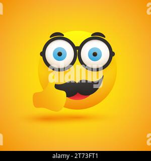 Emoticon sorridente Nerd - semplice emoticon maschio felice con occhiali e baffi che mostrano le pollici su sfondo giallo - Design vettoriale per Web e Instant M Illustrazione Vettoriale