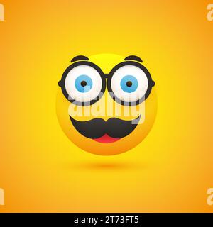 Emoji sorridente - Emoticon semplice maschio felice con occhiali e baffi su sfondo giallo - Design vettoriale per applicazioni Web e messaggistica istantanea Illustrazione Vettoriale