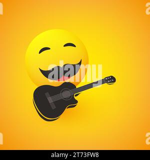Emoticon maschile, volto con occhi sorridenti, baffi e chitarra su sfondo giallo - Design vettoriale Illustrazione Vettoriale